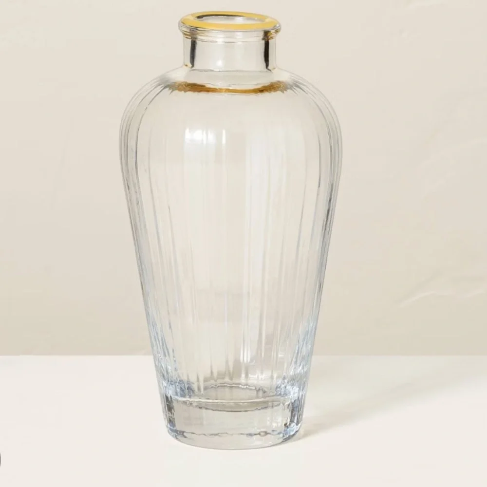 HEARTH & HAND NWT fluted clear glass bud vase with gold rim -9”
